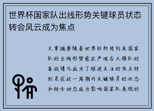 世界杯国家队出线形势关键球员状态转会风云成为焦点