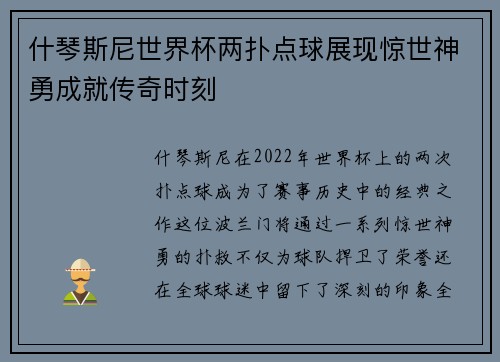 什琴斯尼世界杯两扑点球展现惊世神勇成就传奇时刻