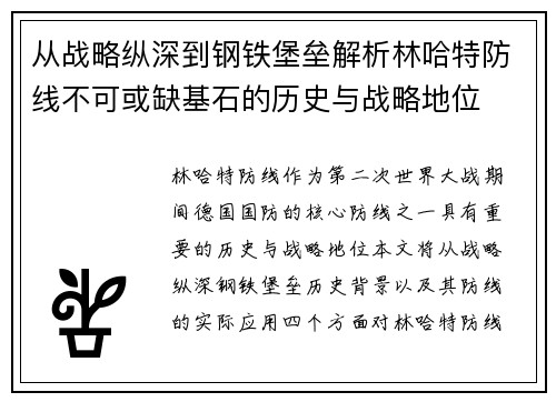 从战略纵深到钢铁堡垒解析林哈特防线不可或缺基石的历史与战略地位